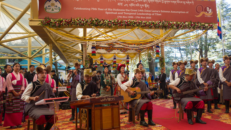 A group of former students of the various Tibetan schools singing a song of gratitude to His Holiness they composed during the Celebration of the 75th Anniversary of His Holiness the Dalai Lama’s Assumption of the Spiritual and Temporal Leadership of Tibet at the Main Tibetan Temple courtyard in Dharamsala, HP, India on November 17, 2025. Photo by Ven Zamling Norbu