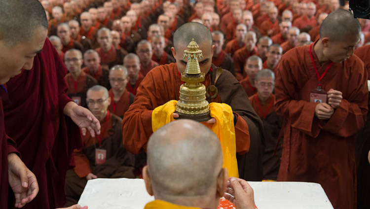 Representatives of the assembly of monks and nuns from Taiwan presenting traditional offerings to His Holiness the Dalai Lama at the start of their meeting at his residence in Dharamsala, HP, India on November 19, 2025. Photo by Tenzin Choejor
