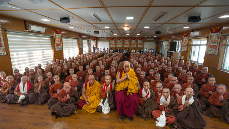 His Holiness the Dalai Lama posing for a group photo with monks and nuns from Taiwan after their meeting at his residence in Dharamsala, HP, India on November 19, 2025. Photo by Tenzin Choejor