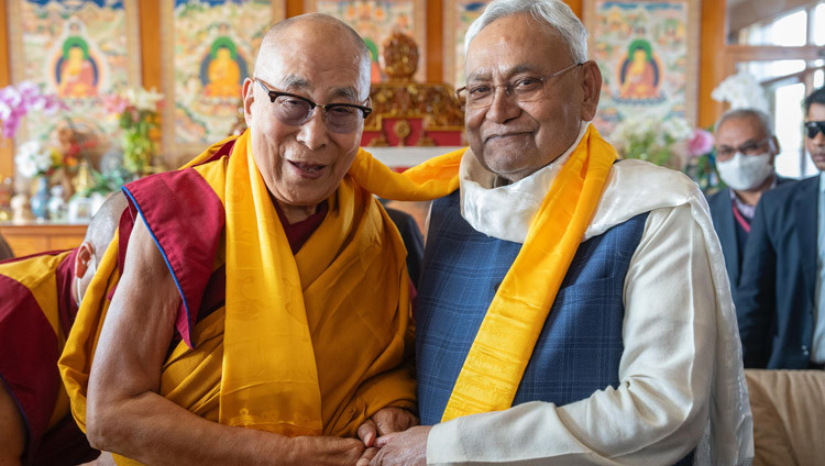 His Holiness the Dalai Lama and Bihar Chief Minister Nitish Kumar in Bodhgaya, Bihar, India on December 21, 2023. Photo by Tenzin Choejor