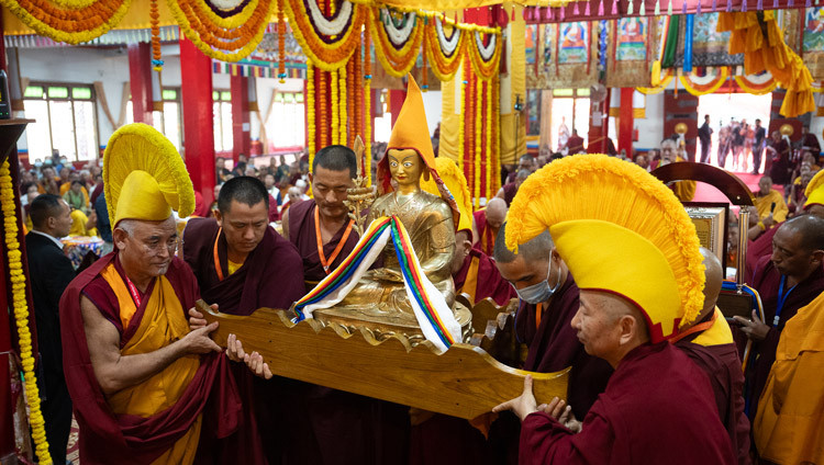 A statue of Jamyang Chöjé being offered to His Holiness the Dalai Lama by the Drepung monastic community during the program at Drepung Lachi Assembly Hall in Mundgod, Karnataka, India on December 24, 2025. Photo by Tenzin Choejor