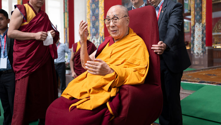 His Holiness the Dalai Lama speaking to 237 people from around the world attending a retreat led by Geshé Dorjee Damdul, Director, Tibet House, New Delhi, during their meeting at the Drepung Gomang debate ground in Mundgod, Karnataka, India on January 16, 2026. Photo by Tenzin Choejor