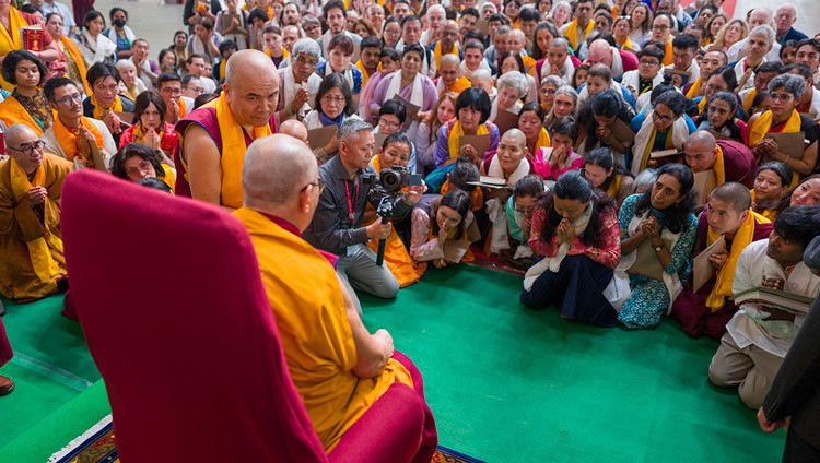 Geshé Dorjee Damdul, Director, Tibet House, New Delhi, and 237 of his students taking part in a 10-day retreat meeting with His Holiness the Dalai Lama at the Drepung Gomang debate ground in Mundgod, Karnataka, India on January 16, 2026. Photo by Tenzin Choejor
