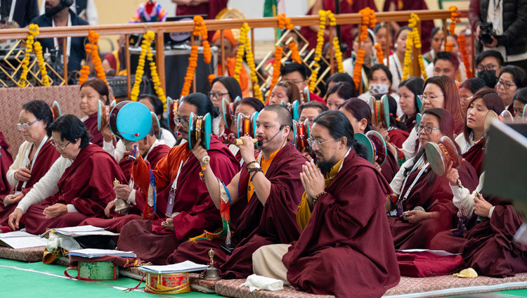 A group of lay practitioners from Aranachal Pradesh performing rituals during the Long Life Prayers for His Holiness the Dalai Lama at the Main Tibetan Temple courtyard in Dharamsala, HP, India on March 11, 2026. Photo by Ven Zamling Norbu