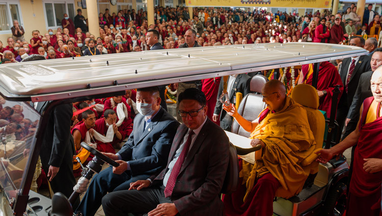 His Holiness the Dalai Lama making his way to the Main Tibetan Temple to attend a Long Life Offering Ceremony in Dharamsala, HP, India on March 25, 2026. Photo by Tenzin Choejor