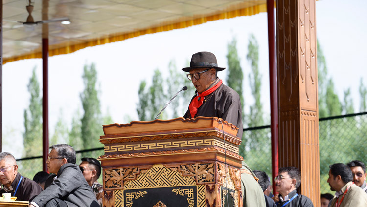 Cering Dorjay addressing the gathering at the celebrations in honor of His Holiness the Dalai Lama's 91st birthday in Leh, Ladakh, India on July 6, 2026. Photo by Ven Zamling Norbu