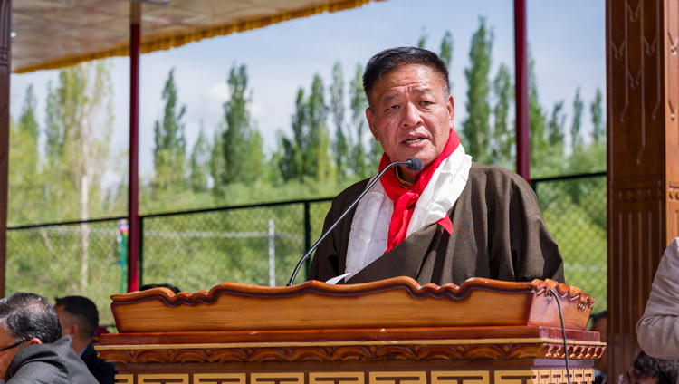 Sikyong Penpa Tsering reading a statement from the Kashag during celebrations in honor of His Holiness the Dalai Lama's 91st birthday in Leh, Ladakh, India on July 6, 2026. Photo by Tenzin Choejor