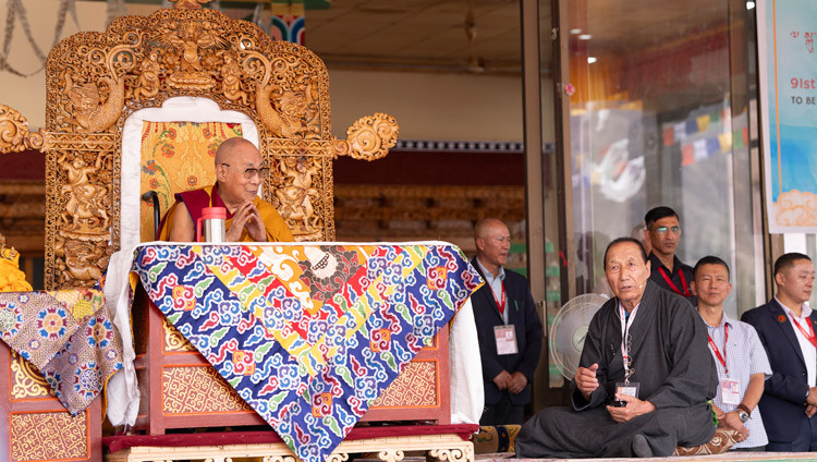 The Ladakhi interpreter translating what His Holiness the Dalai Lama had said into Ladakhi during during celebrations in honor of his 91st birthday in Leh, Ladakh, India on July 6, 2026. Photo by Tenzin Choejor