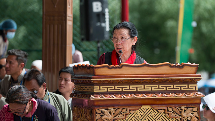 Speaker of the Tibetan-Parliament-in-Exile, Dolma Tsering reading out the Parliament’s statement  during celebrations in honor of His Holiness the Dalai Lama's 91st birthday at the Shewatsel Teaching Ground in Leh, Ladakh, India on July 6, 2026. Photo by Tenzin Choejor