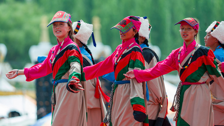 Students from the SOS TCV School singing and dancing in celebration of His Holiness the Dalai Lama's birthday at the Shewatsel Teaching Ground in Leh, Ladakh, India on July 6, 2026. Photo by Tenzin Choejor
