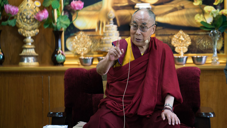 His Holiness the Dalai Lama speaking at his residence in Dharmasla, HP, India on September 6, 2017. Photo by Tenzin Choejor/OHHDL His Holiness the Dalai Lama speaking at his residence in Dharmasla, HP, India on September 6, 2017. Photo by Tenzin Choejor/OHHDL