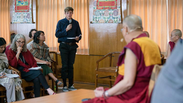 A student from the University of California San Diego asking His Holiness the Dalai Lama a question during their meeting at his residence in Dharmasla, HP, India on September 6, 2017. Photo by Tenzin Choejor/OHHDL A student from the University of California San Diego asking His Holiness the Dalai Lama a question during their meeting at his residence in Dharmasla, HP, India on September 6, 2017. Photo by Tenzin Choejor/OHHDL