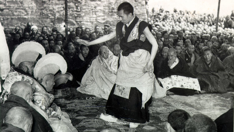His Holiness during his final Geshe Lharampa examinations in Lhasa, Tibet which took place from the summer of 1958 to February 1959. (Photo/OHHDL) His Holiness during his final Geshe Lharampa examinations in Lhasa, Tibet which took place from the summer of 1958 to February 1959. (Photo/OHHDL)