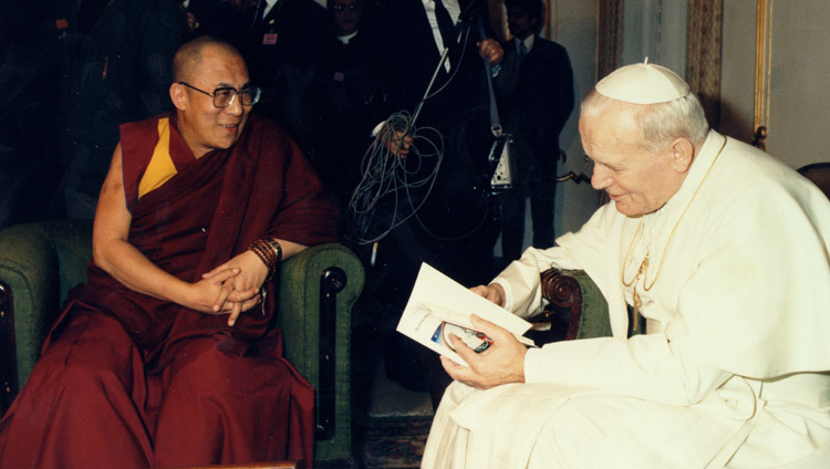 His Holiness the Dalai Lama and His Holiness Pope John Paul II at the Vatican on June 14, 1988. His Holiness the Dalai Lama and His Holiness Pope John Paul II at the Vatican on June 14, 1988.