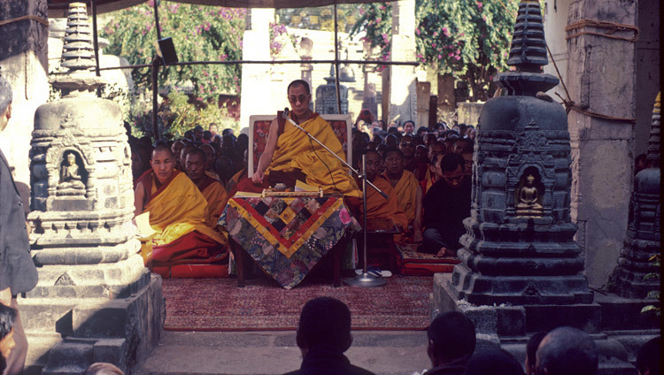 His Holiness the Dalai Lama at the Mahabodhi Temple in Bodhgaya, Bihar, India in January of 1980. His Holiness the Dalai Lama at the Mahabodhi Temple in Bodhgaya, Bihar, India in January of 1980.