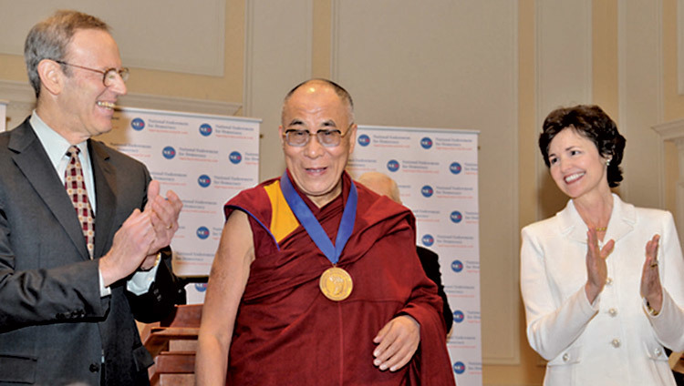 His Holiness the Dalai Lama being honoured with the Democracy Service Medal by the National Endowment for Democracy in Washington DC, USA on 19 February 2010. His Holiness the Dalai Lama being honoured with the Democracy Service Medal by the National Endowment for Democracy in Washington DC, USA on 19 February 2010.