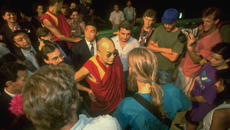 His Holiness the Dalai Lama visiting Greenpeace's Rainbow Warrior during the UNCED Rio Earth Summit in Rio De Janeiro, Brazil on June 1, 1992. (Photo by Green Peace / Steve Morgan) His Holiness the Dalai Lama visiting Greenpeace's Rainbow Warrior during the UNCED Rio Earth Summit in Rio De Janeiro, Brazil on June 1, 1992. (Photo by Green Peace / Steve Morgan)