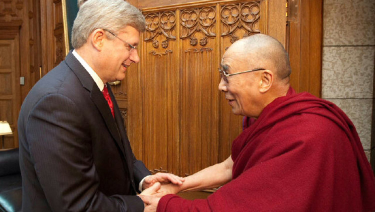 Canadian Prime Minister Stephen Harper greets His Holiness the Dalai Lama at his office on Parliament Hill in Ottawa on April 27, 2012. (Photo by Andrew MacDougall) Canadian Prime Minister Stephen Harper greets His Holiness the Dalai Lama at his office on Parliament Hill in Ottawa on April 27, 2012. (Photo by Andrew MacDougall)