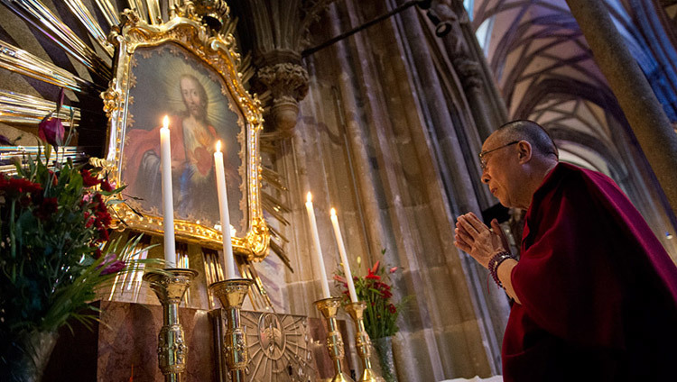 His Holiness the Dalai Lama takes a moment for reflection during his visit to St Stephen's Cathedral in Vienna, Austria on May 27, 2012. (Photo by Tenzin Choejor/OHHDL) His Holiness the Dalai Lama takes a moment for reflection during his visit to St Stephen's Cathedral in Vienna, Austria on May 27, 2012. (Photo by Tenzin Choejor/OHHDL)