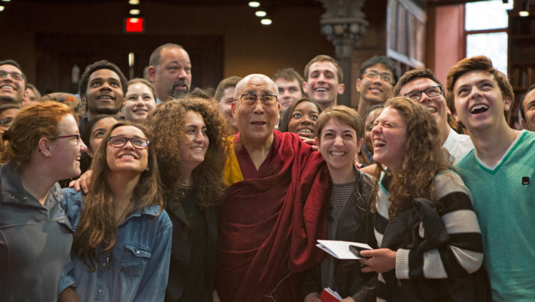 His Holiness the Dalai Lama poses for photos after his interactive session with students at Princeton University's Chancellor Green Library in Princeton, New Jersey on October 28, 2014. (Photo by Denise Applewhite) His Holiness the Dalai Lama poses for photos after his interactive session with students at Princeton University's Chancellor Green Library in Princeton, New Jersey on October 28, 2014. (Photo by Denise Applewhite)