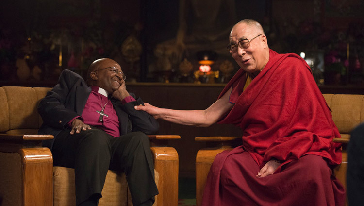 Archbishop Desmond Tutu and His Holiness the Dalai Lama during their discussion on joy at held at His Holiness's residence in Dharamsala, HP, India in April of 2015. (Photo by Tenzin Choejor/OHHDL) Archbishop Desmond Tutu and His Holiness the Dalai Lama during their discussion on joy at held at His Holiness's residence in Dharamsala, HP, India in April of 2015. (Photo by Tenzin Choejor/OHHDL)