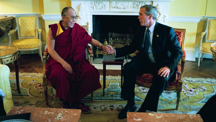 His Holiness the Dalai Lama meeting President George W Bush at the White House in Washington DC, USA on September 10, 2003. (Official White House Photo) His Holiness the Dalai Lama meeting President George W Bush at the White House in Washington DC, USA on September 10, 2003. (Official White House Photo)