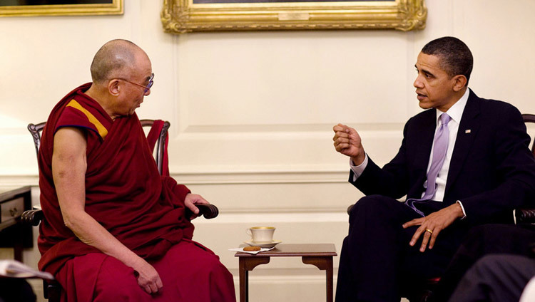 His Holiness the Dalai Lama with US President Barack Obama at the White House in Washington, DC on February 18, 2010. (Official White House Photo) His Holiness the Dalai Lama with US President Barack Obama at the White House in Washington, DC on February 18, 2010. (Official White House Photo)