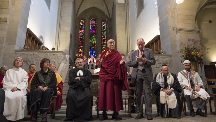 His Holiness the Dalai Lama with speaking at an interfaith prayer meeting at Grossmuenster Church in Zurich Switzerland on October 15, 2016. (Photo by Manuel Bauer) His Holiness the Dalai Lama with speaking at an interfaith prayer meeting at Grossmuenster Church in Zurich Switzerland on October 15, 2016. (Photo by Manuel Bauer)