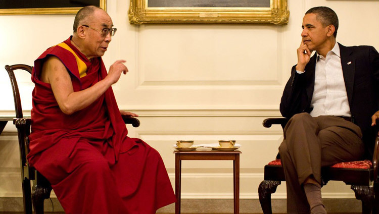 President Barack Obama meeting with His Holiness the Dalai Lama in the Map Room of the White House in Washington DC, USA on July 16, 2011. (Photo by Pete Sousa/Official White House Photo) President Barack Obama meeting with His Holiness the Dalai Lama in the Map Room of the White House in Washington DC, USA on July 16, 2011. (Photo by Pete Sousa/Official White House Photo)