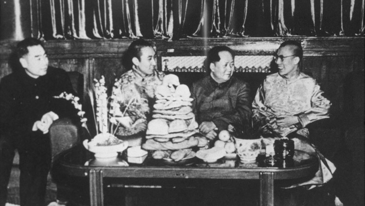 Zhou En-Lai, Panchen Lama, Mao Tse-Tung and His Holiness the Dalai Lama in Beijing, China in 1955. (Photo courtesy Tibet Images) Zhou En-Lai, Panchen Lama, Mao Tse-Tung and His Holiness the Dalai Lama in Beijing, China in 1955. (Photo courtesy Tibet Images)